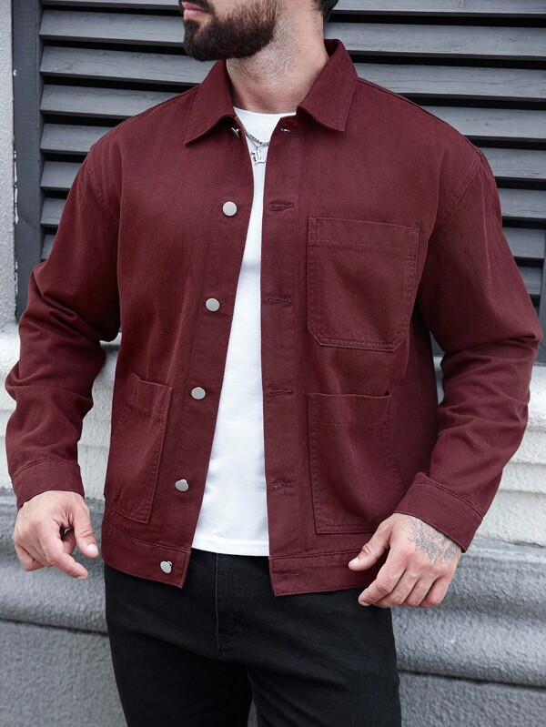 Manfinity Homme Plus Size Men's Burgundy Loose Casual Denim Jacket, Fall