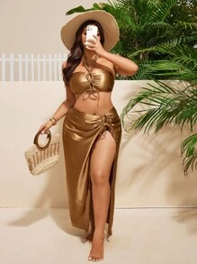 Swim Oasis New Women Plus Size Hollow-Out Bandeau 3 PiecesBikini Set With High-Waist Bottoms And Long Cover-Up, Vacation Swimming Suit