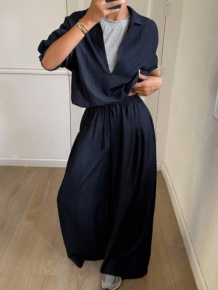 2pcs Women Casual Loose 2 In 1 Long Sleeve Shirt And Wide Leg Pants Set, Street Style, Autumn/Winter,Fall Women Clothes