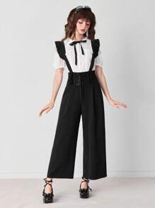 ROMWE EDITION Women's Fashionable Versatile Solid Color Criss-Cross Tie Pants - Black - View 2