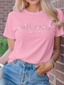 SHEIN Unity 女款 MILANO ITALY 字母印花 T 恤短袖休闲上衣 MILAN ITALY 图案 T 恤女款上衣