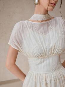 Modelyn Women's Floral Jacquard Round Neck Batwing Sleeve Waist Cinched Elegant Dress