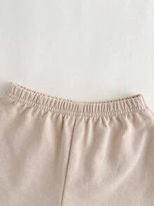 2件套男婴刺绣装饰柔软针织连帽无袖上衣和松紧腰短裤套装 - 杏色 - 查看 3