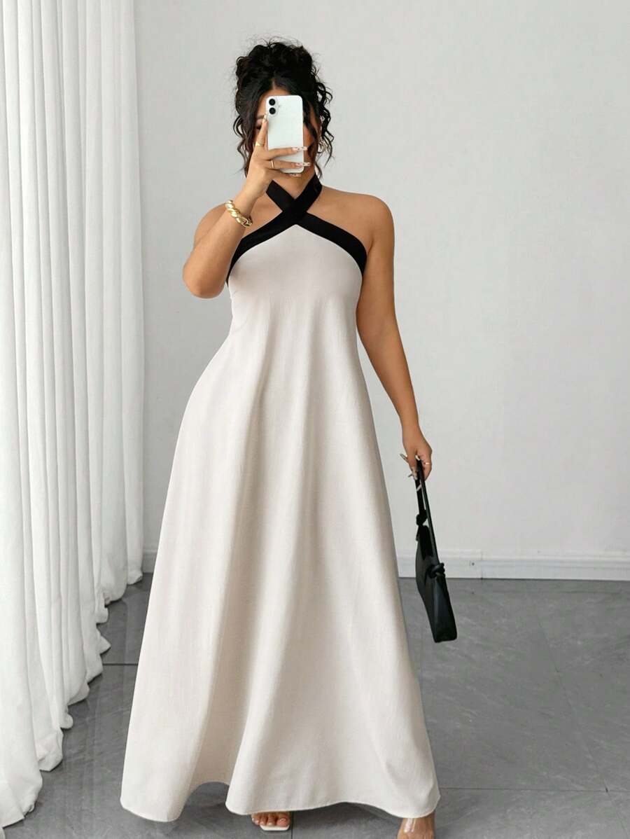Elenzga Váy yếm hở lưng màu khối thanh lịch gợi cảm cỡ lớn, mùa hè - Màu be - Xem 1