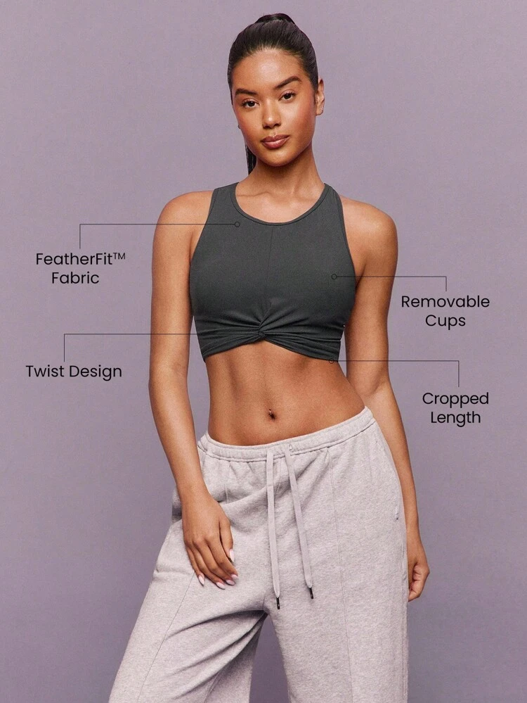 FeatherFit™ Twist And Flow Soft Stretchy Sweat-Wicking Removable Cups Racerback Twist-Front Cropped Tank Top Top Low-Impact Yoga Pilates Barre Gym Studio Daily Casual Wear  Spring Summer