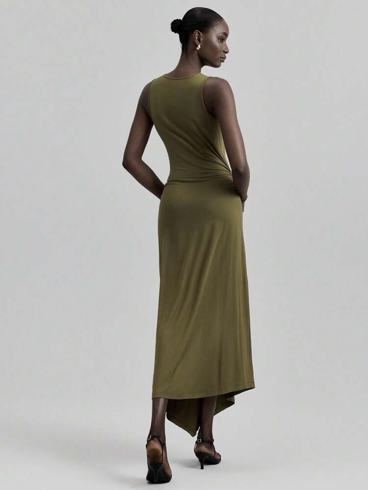 Women's Elegant Olive Green Summer Party Dress,Retro 2000s Sleeveless Mid-Length Dress,3D Floral Decor Pleated Office Business Casual Autumn Clothing