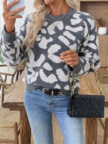 EMERY ROSE Women's Knitted Long Sleeve Crew Neck Pullover Jacquard Contrast Color Pattern Casual Fitted Sweater Gray Sweater Women Sweaters Fall Sweaters Leopard Print Sweater Animal Print Sweater Back To School Outfits Women Fall Clothes For Women Going Out Outfits - Grey - View 6
