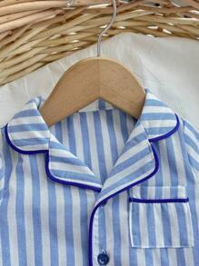 Bộ đồ ngủ dệt 2 món Dozemod Kids Baby Boy Baby Boy, áo sơ mi tay ngắn cài nút cổ sọc đơn giản và quần dài - Xanh và trắng - Xem 3