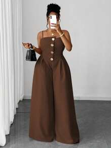 Maweii 大码无袖单排扣百褶宽松时尚金属纽扣连体裤 - 棕色 - 查看 7