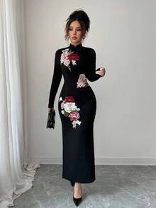 Elenzga 女士黑色立领修身旗袍连衣裙，优雅刺绣高端旗袍 - 彩色 - 查看 5