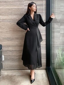 DAZY 女士商务风纯色立领长袖腰部拼接连衣裙 - 黑色 - 查看 1