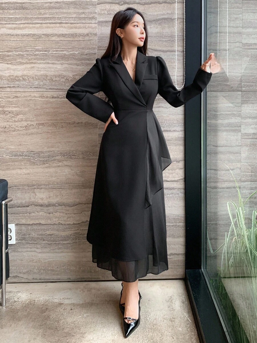DAZY 女士商务风纯色立领长袖腰部拼接连衣裙 - 黑色 - 查看 1