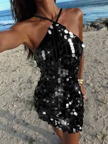 Opulessa 女式纯色串珠刺绣吊带紧身迷你连衣裙 - 黑色 - 查看 5