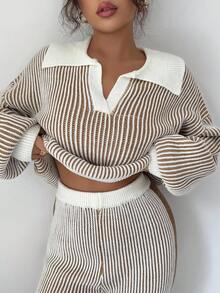Elenzga 2pcs/Set Women Polo Collar Patchwork Contrast Color Pullover Sweater Top + Long Pants Suit, Autumn/Winter - Mocha Brown - View 3