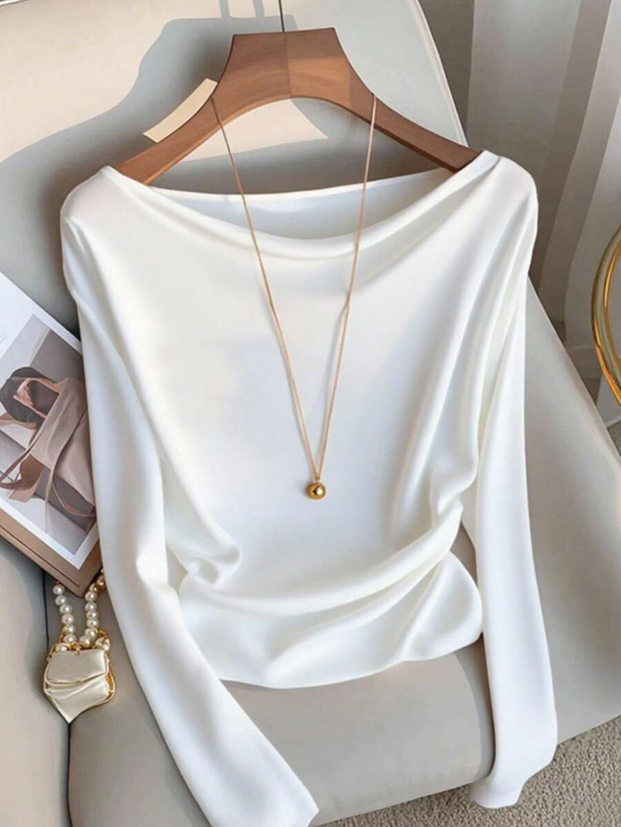 Franclia 时尚法式单肩长袖收腰白色上衣，秋冬女式T恤，秋季返校季长袖T恤，夏季假期阳光之旅度假风，全白设计，适合大学休闲春秋季穿着。 - 白色 - 查看 1