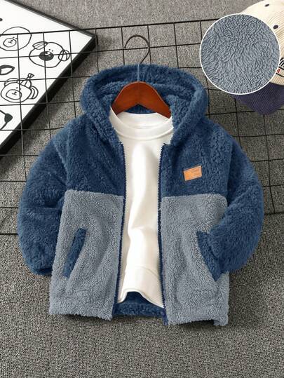 SHEIN Boys' Casual Cute Applique Patch Colorblock Plush Hooded Zip-Up Jacket, Thick Material,In Fall/Winter