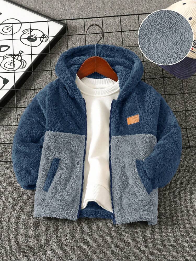 SHEIN Boys' Casual Cute Applique Patch Colorblock Plush Hooded Zip-Up Jacket, Thick Material,In Fall/Winter - Dusty Blue - View 1