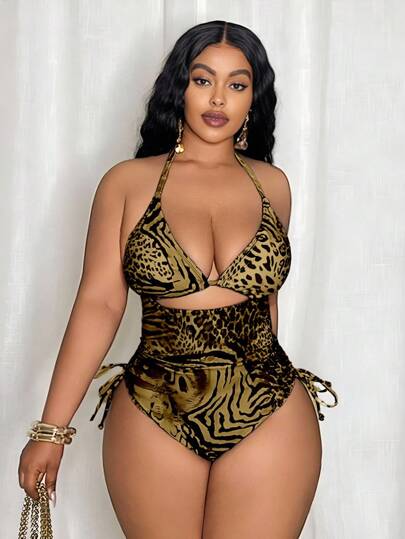 Slaydiva Plus Size Women's Random Leopard Print Triangle Top & Tie Side Bottoms One-Piece Swimsuit, Beach Vacation For Summer