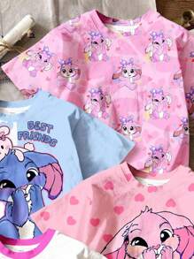 4 件可爱卡通蓝色兔子露露，针迹图案，扎染天蓝色，年轻女孩休闲简约圆领短袖基本款 T 恤，适合春夏季，度假氛围，阳光之旅，休闲春季，夏季度假，可爱的 Y2K 椰子女孩波西米亚假期春假早午餐准备淡蓝色女孩之旅，霓虹海滩氛围，波西米亚嬉皮音乐节，回到学校，2000 年代风格 - 彩色 - 查看 7