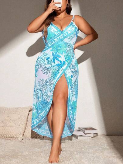 Swim Lushoire Plus Size Summer Floral Print Beach Cover-Up Wrap Dress Swim Wear Cover Up