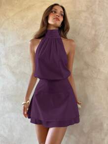 Aloruh Women's Sexy & Elegant Halter Neck Chiffon Waist Ruched Dress - Purple - View 5