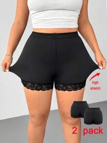 SHEIN EZwear 大码女式黑色功能性针织罗纹面料蕾丝边纯色休闲百搭高腰紧身骑行短裤紧身裤 - 黑色 - 查看 1