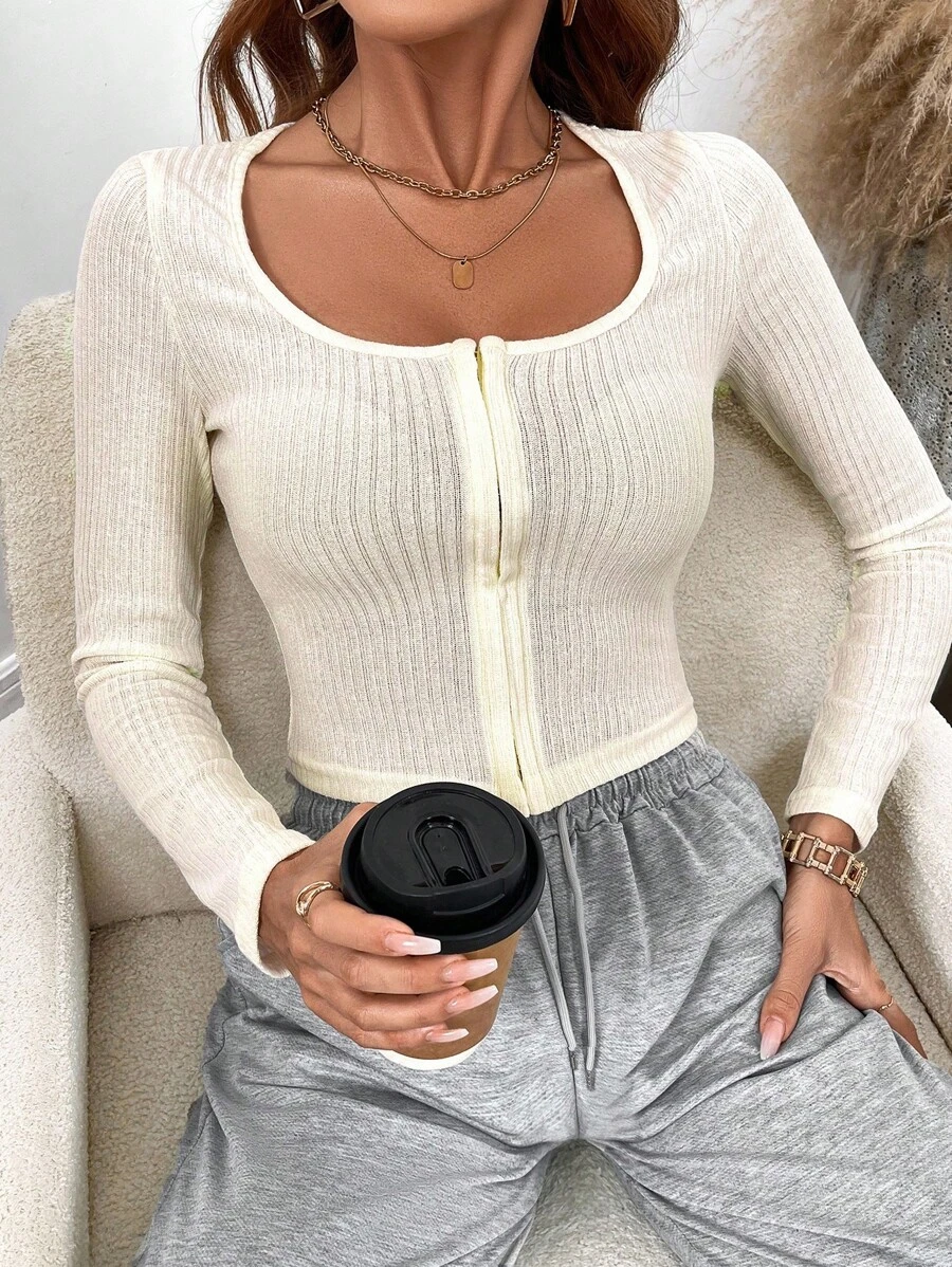 INAWLY Áo thun nữ dài tay đơn giản và trơn để mặc hàng ngày - trắng - Xem 1