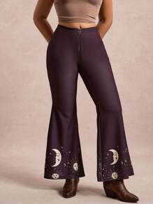 SHEIN VCAY Plus Size Dark Purple Crescent Moon & Sun Print Flare Pants,Autumn Rock And Roll Rave Boho Bell Bottoms Western Wear Women Casual Celestial Jeans - Black - View 3