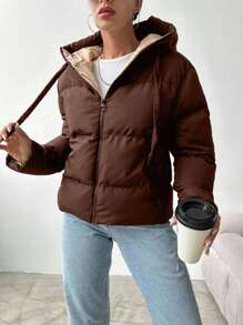 EURMUSE Áo khoác mùa đông có mũ trùm đầu, dây rút, chần bông dành cho nữ - màu nâu - Xem 7