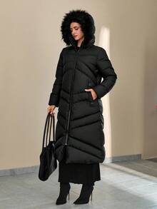 CLARA VERO Fashionable Elegant Solid Color Faux Fur Hooded Long Coat, Versatile For Winter Long Winter Coat Women Women's Winter Coats Everyday Going Out Black - Black - View 6