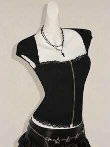 SHEIN ICON Y2k Summer Going Out Burgundy Goth Women's Casual Zipper Crew Neck T-Shirt, Minimalist & Fashionable, Suitable For Summer - Black - View 7