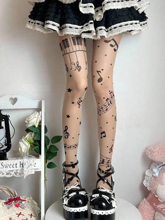 Anime 1 Pair Cute Music Note & Piano Keyboard Star Print Sheer Tights, Y2K Minimalist Design Pantyhose, High Quality Non-Snagging Seamless Stockings, Super Thin & Stretchy Leggings