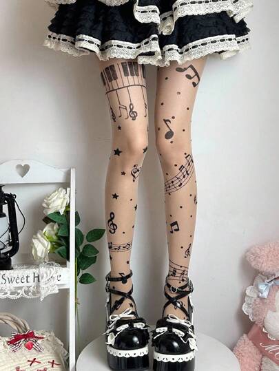 Anime 1 Pair Cute Music Note & Piano Keyboard Star Print Sheer Tights, Y2K Minimalist Design Pantyhose, High Quality Non-Snagging Seamless Stockings, Super Thin & Stretchy Leggings