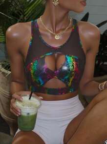 Innovista 金属动物闪光运动文胸，结构化日常休闲运动服，中等支撑，适合瑜伽、普拉提、高强度间歇训练、健身房、跑步、拳击等运动，功能性网眼透气镂空交叉后背设计，露背设计，适合有氧运动，TT 爆款 IG Reels FYP INSTA OOTD 节日必备，闪亮箔片光泽银色金色铬色全息彩虹色蛇纹发光效果，运动健身装备，晚宴之夜 - 彩色 - 查看 5