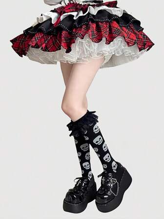 Kawaii 2 Paar Y2K Punk Stil Schwarz & Weiß Kontrast Farbe Skelett Muster Oberschenkel Hohe Socken und einfarbige Spitzenbesatz Oberschenkel Hohe Socken Set, geeignet für Musikfestivals, Anime-inspirierte Outfits, Freizeitkleidung