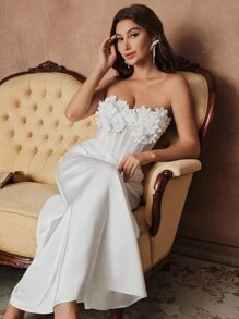 SHEIN Unity 女士白色优雅套装，3D 花卉装饰吊带背心和白色中长裙，适合生日派对和宴会 - 白色 - 查看 1