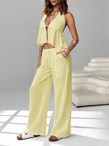 SHEIN EZwear 女式休闲度假纯色露背系带娃娃装露背上衣和宽松阔腿裤（带侧袋）两件套，夏季 - 黃色 - 查看 4