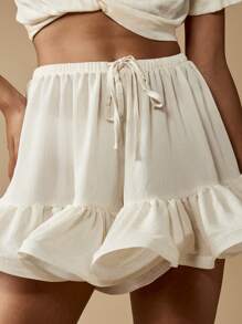 MISSGUIDED Linen Ruffle Hem Summer Beach Shorts Festival Holiday Resort Mini Skort Lightweight Boho Flowy Mini Bottoms Casual Drawstring - White - View 4