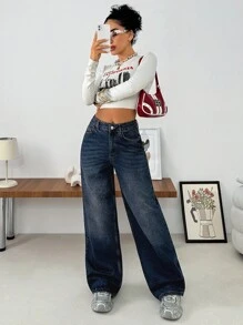 EURMUSE WOMEN WIDE LEG LOW WAIST JEANS - Medium Wash - View 4