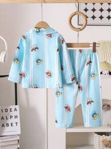 Baby Boy Knitted Collar Long Sleeve Top And Pants Set, Cute Puppy Blue Striped Casual Homewear, Spring/Autumn Puppy Print Pajamas Baby Boy Pajama Set Fall Winter - Multicolor - View 2