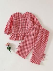 SHEIN 2件套女婴2025春季时尚休闲长袖红白格子上衣+红白格子裤套装