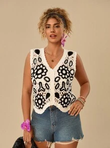 SHEIN TRVLCHIC Plus Size Nữ Màu sắc tương phản Áo thêu hoa không tay thông thường Áo vest - Nhiều màu - Xem 4