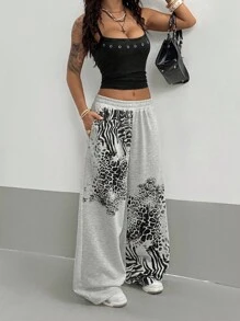 StreetHx 女款浅灰色豹纹街头潮流宽松朋克风 Y2K 坏蛋学院风返校通勤休闲运动裤 - 淺灰色 - 查看 6