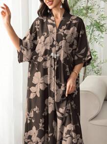 Al Najma 2025夏季新款阿拉伯风格女中袖碎花连衣裙，休闲度假时尚长款衬衫 - 咖啡棕 - 查看 6