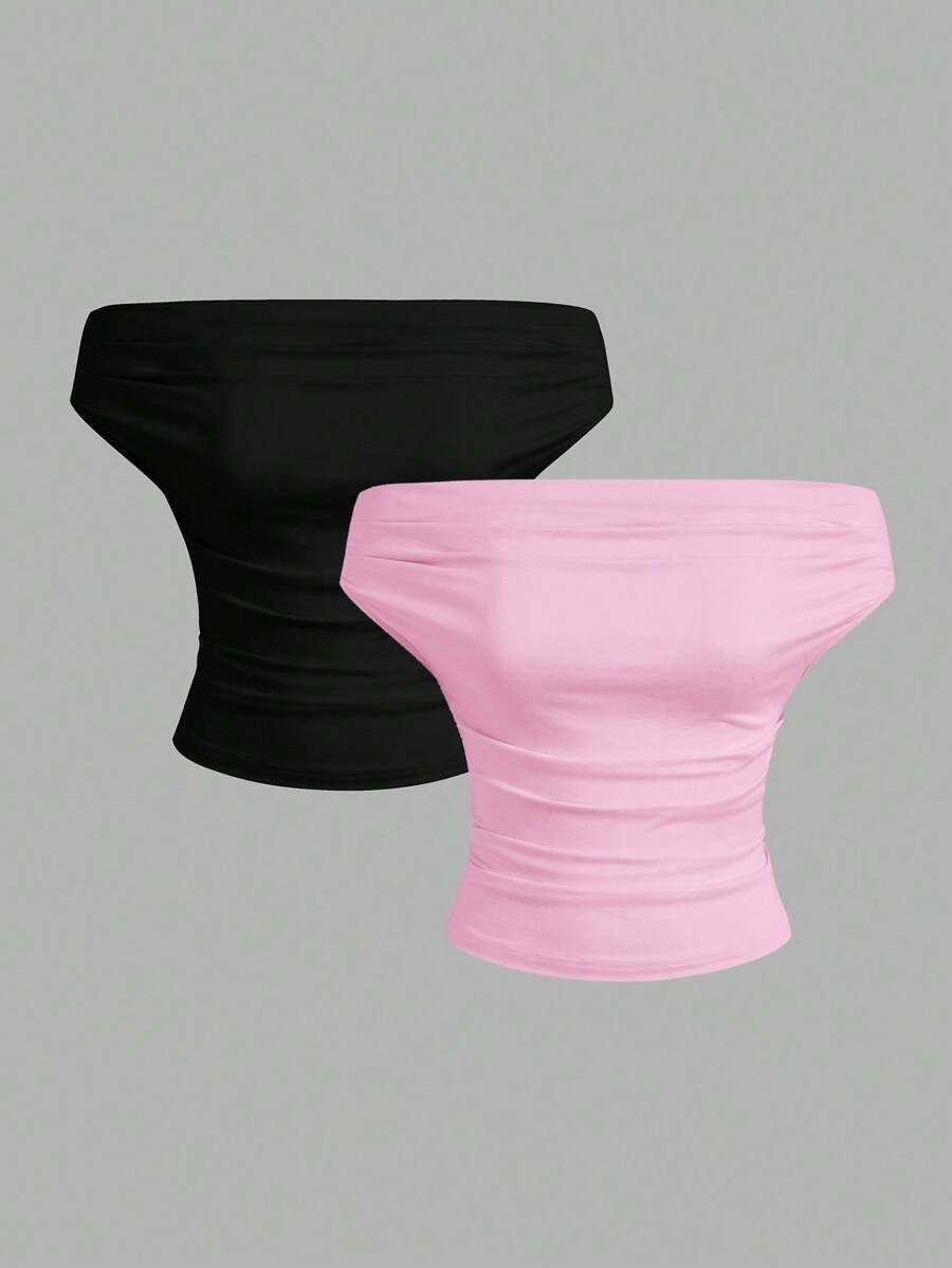 SHEIN EZwear 2 件套黑色和粉色纯色露肩荷叶边衬衫，夏季新款百搭百搭女式上衣 - 彩色 - 查看 1