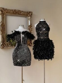 Lovelzi 优雅奢华黑色串珠刺绣手工钻石羽毛装饰短款露背鸡尾酒会礼服