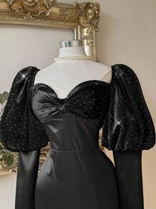 SHEIN Belle 优雅华丽的黑色天鹅绒水钻拼接缎面甜心领口蝴蝶结泡泡腿羊腿袖紧身连衣裙单身派对约会晚会鸡尾酒礼服，长袖舞会半正式礼服，适合生日、婚礼嘉宾、毕业典礼、晚宴、返校节 - 黑色 - 查看 2