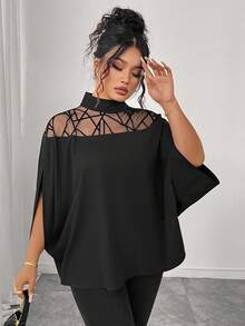 Almamuse Plus Size Elegant Slimming Mesh Patchwork Batwing Sleeve Blouse