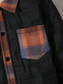 1pc Boys' Loose Fit Padded Plaid Patchwork Casual College Style Padded Coat, Autumn/Winter Fall - Black - View 7