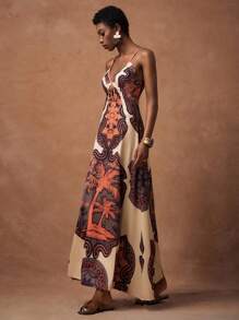 Zivah 春夏新款音乐节、复活节、西部、游牧风格连衣裙，适合生日派对、毕业典礼、学生休闲装、日常出游、度假、邮轮旅行、海滩、日光浴、网红风、极简休闲无袖V领印花长裙，大地色系 - 棕色 - 查看 2